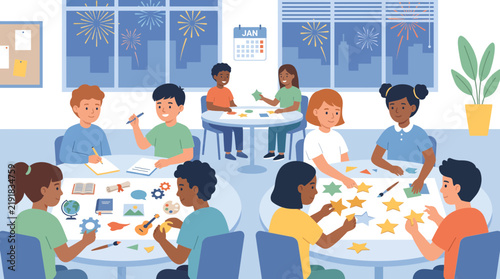 Diverse Students Collaborating on Creative Star Craft Projects in Classroom