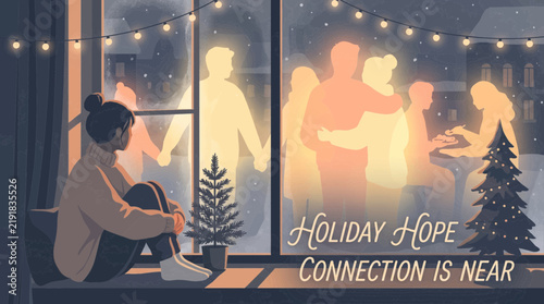 Lonely woman looking through window at glowing festive holiday party illustration with text