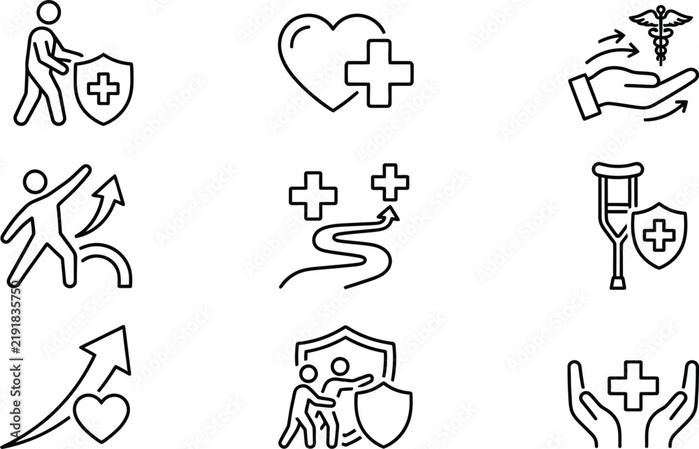 Obraz premium A comprehensive set of medical and health insurance outline icons representing care and protection