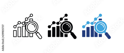 Data analysis magnifying glass chart graph research SEO analytics icon set. Vector illustration