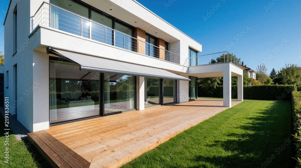Fototapeta premium Modern white house features wooden deck and retractable awning. Large glass windows reflect sunny green garden. Contemporary home design exterior with clean lines and balcony.