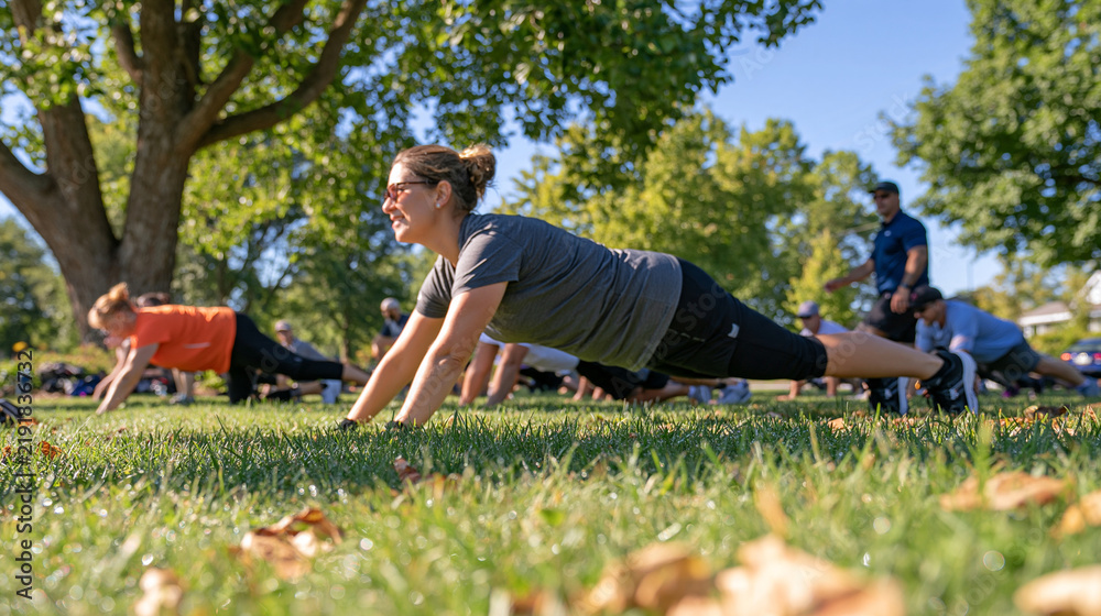 Fototapeta premium Wide view of a crowded outdoor boot camp class in a city park at early morning, groups doing burpees on dewy grass, group fitness session, community workout, personal trainer instruction, outdoor ex