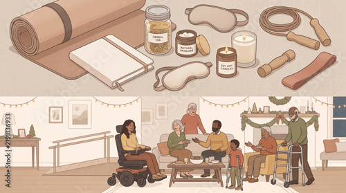 Multigenerational family gathering at home with wellness items and inclusive accessibility features illustration