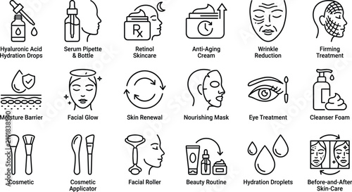 Skincare and Beauty Treatment Icon Set with Hyaluronic Acid, Serum, Retinol, Anti Aging Cream, Wrinkle Reduction, Facial Glow, Hydration, and Cosmetic Care