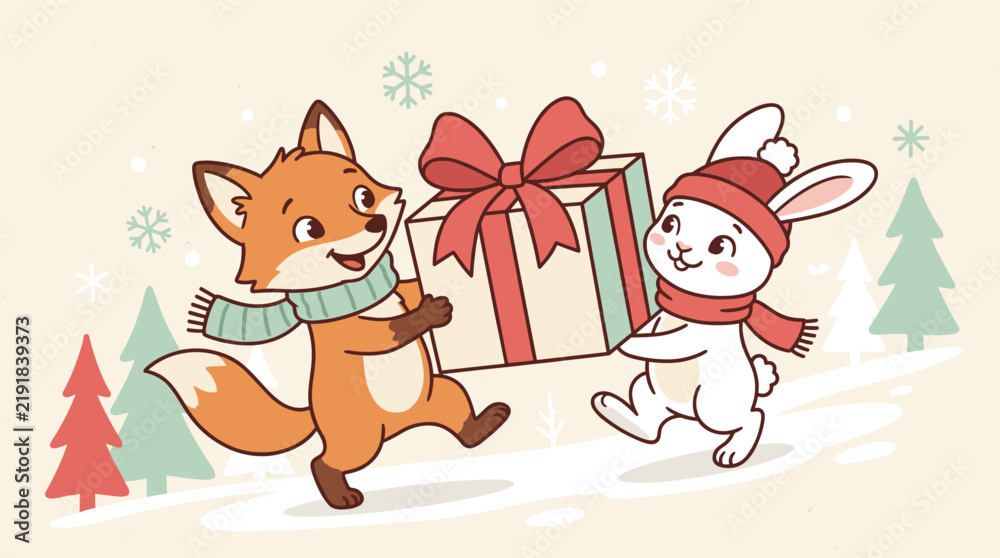 Fototapeta premium Festive fox and rabbit with a christmas gift