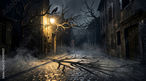A hauntingly beautiful halloween night scene with a ghostly figure illuminated by a flickering gas lamp