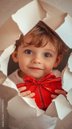 Adorable child peeks through torn paper, holding a bright red heart-shaped gift with a bow. Their innocent blue eyes and sweet smile capture a moment of pure joy and curiosity.