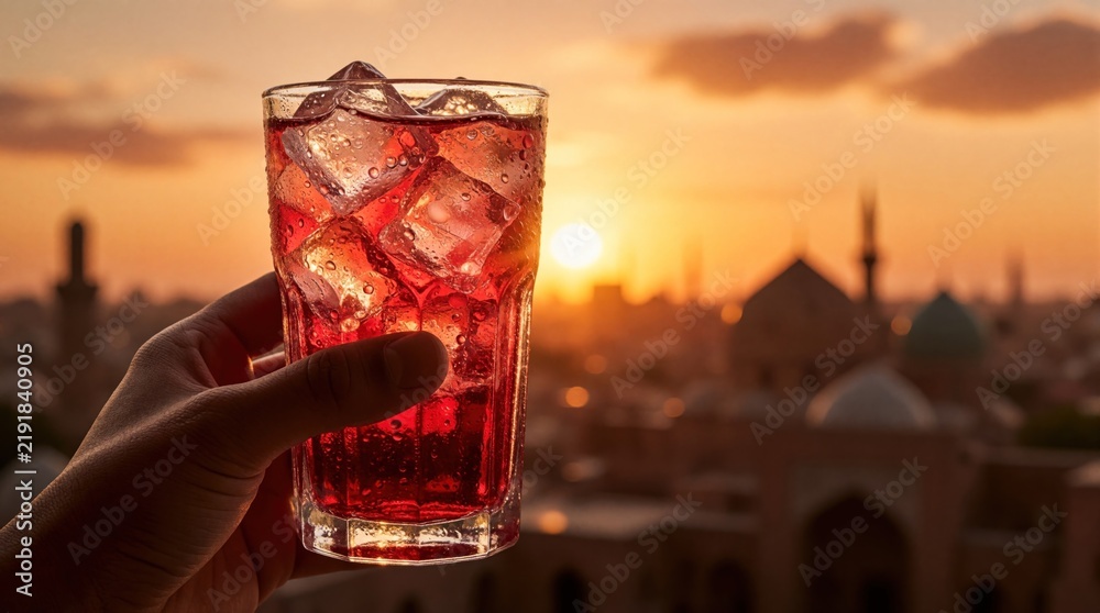 Fototapeta premium Person holds tall glass with red iced drink. Cityscape with mosques and buildings glows during warm orange sunset. Beverage offers cool refreshment.