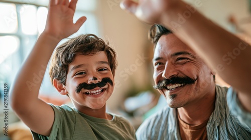 Father and son smile and wave, showing off their fun mustache looks indoors