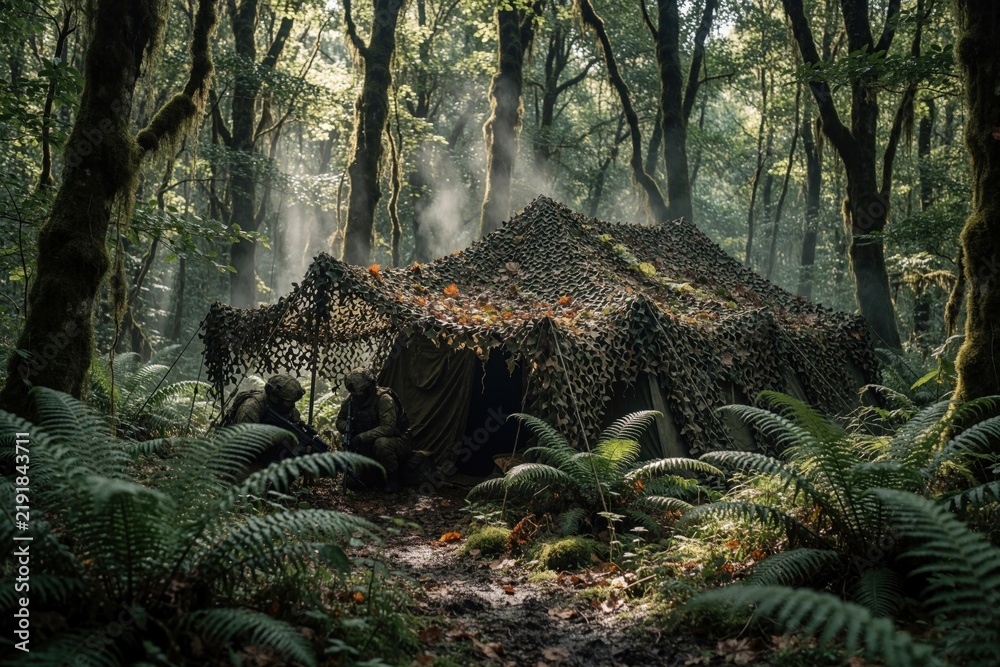 Obraz premium Camouflaged army tent set up in dense forest. Soldiers rest near shelter, blending with nature. Military camp hidden in lush green woods, prepared for field operations.