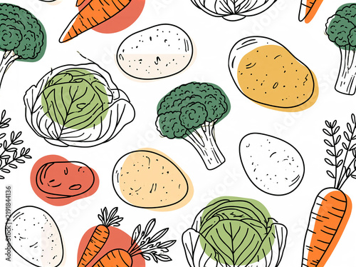 Seamless line art pattern with vegetables