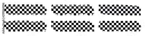 Black distressed checkerboard stripe collection with grunge texture and irregular edges for racing graphics, retro backgrounds, banners, borders and decorative