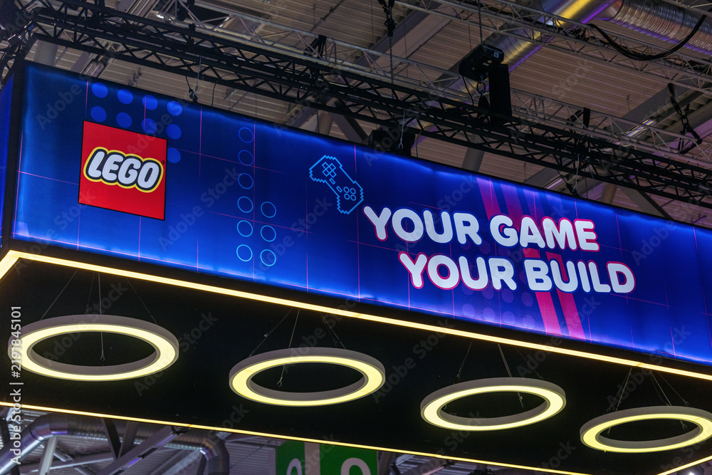 Obraz premium Cologne, Germany - August 26, 2026: LEGO branding displayed prominently at gamescom with the slogan 