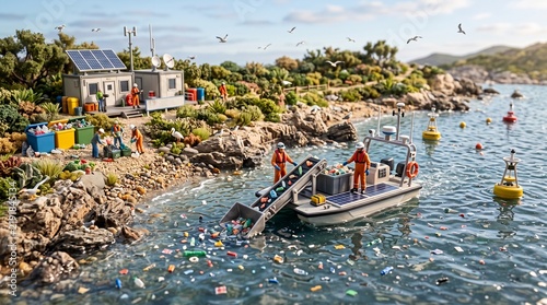 Volunteers clean plastic waste from coastal waters using a boat in a scenic bay.