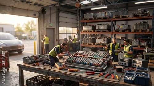 Mechanics working in a busy automotive repair and manufacturing workshop.