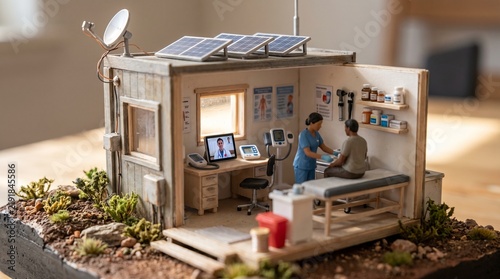 A miniature diorama of a remote clinic with solar panels and a satellite dish.