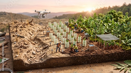 Miniature Diorama of Deforestation, Reforestation, and Modern Agricultural Technology.