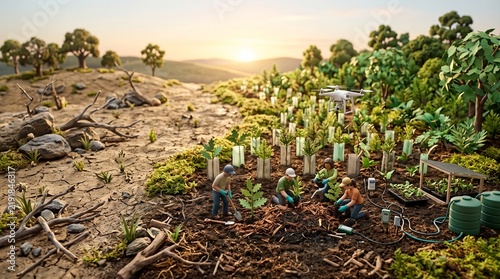 Volunteers reforesting a barren hillside with young saplings and rich compost during sunset.
