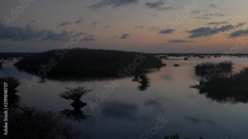Mangrove trees and shrubs stand in calm shallow water beneath an orange sunset sky. Dark silhouettes, soft clouds, reflections, and open wetlands create a peaceful coastal landscape.