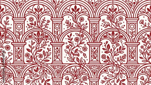 Intricate red damask pattern with floral motifs for seamless wallpaper and textile design. Flat vector illustration EPS 10.