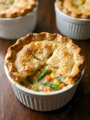 Delicious homemade chicken pot pie in a white ramekin with a golden flaky crust and mixed vegetables
