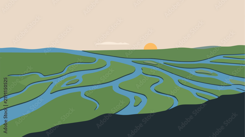 Obraz premium Minimalist vector illustration of a winding river delta flowing through green plains during a calm sunset