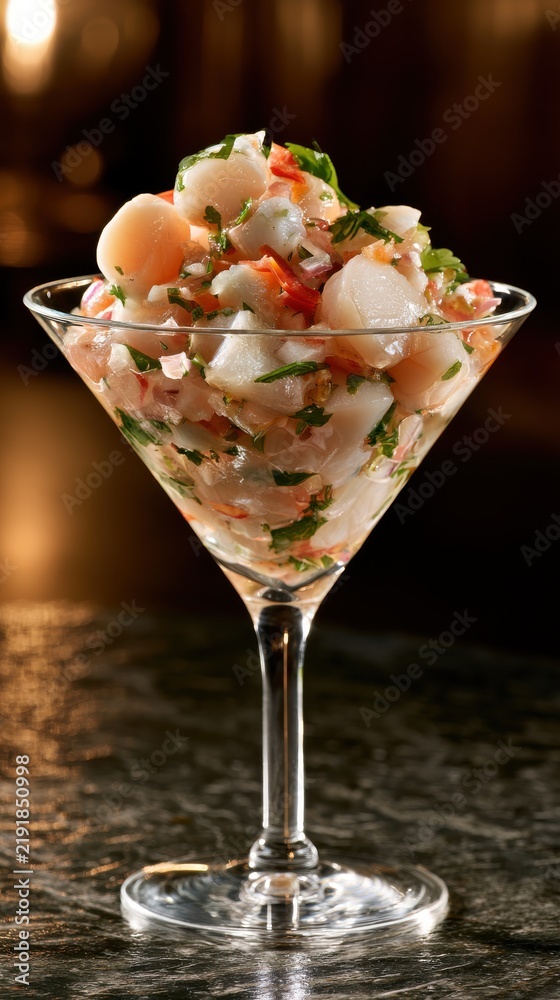 Obraz premium Elegant scallop and white fish ceviche served in a martini glass, high-end cocktail party appetizer, soft lighting