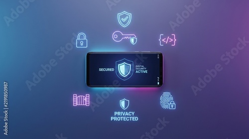 smartphone with glowing neon digital security icons floating around screen showing privacy protected status