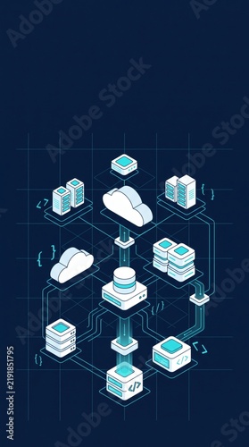Obraz na płótnie Isometric Cloud Server Architecture and SaaS Infrastructure Vertical Background