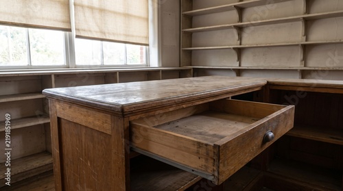 No Takings: An Old Shop Counter With The Till Drawer Pulled Open And Completely Empty