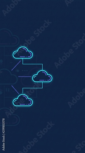Obraz na płótnie Neon Cloud Network Mesh and SaaS Data Flow Vertical Background