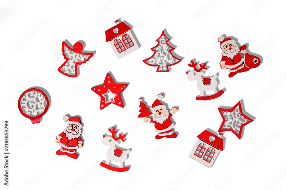 Fototapeta premium Wooden Christmas decorations with Santa Claus and reindeer