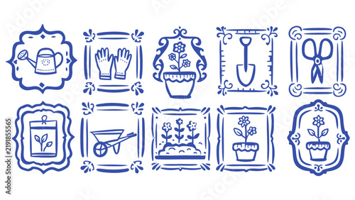 A whimsical vintage gardening hand drawn decorative frame Wall Art Doodle Set Illustration