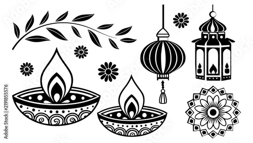 Diwali festival black silhouette clipart set vector illustration