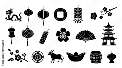 Chinese New Year black silhouette clipart set vector illustration