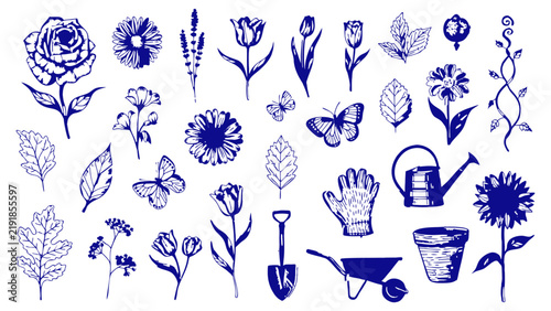 Hand-drawn Garden Flower doodle set vector illustration