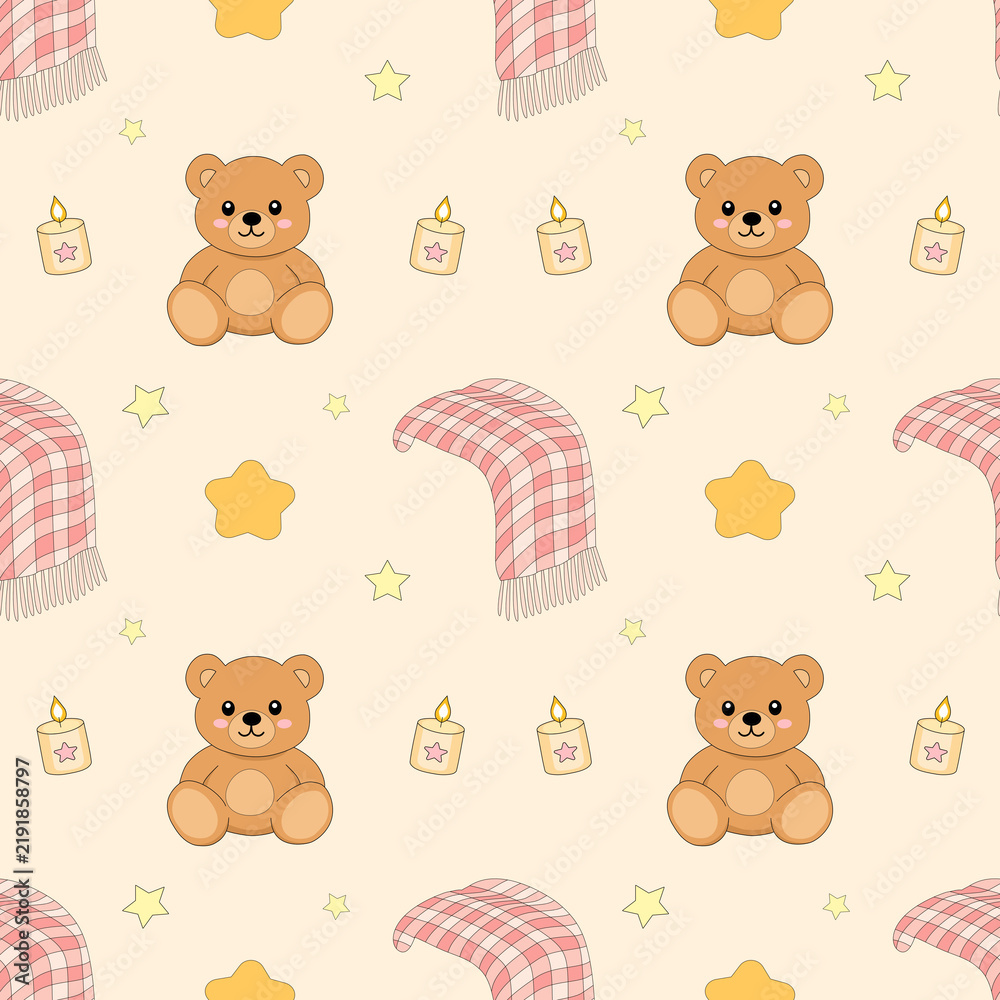 Fototapeta premium Cute_Teddy_Bear_and_Blanket_Seamless_Pattern_Illustration_for_Baby_Nursery_Fabric_Textile_Graphic_Asset_Clipart_Isolated
