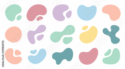 Set of 15 abstract organic blob shapes in pastel colors, modern liquid elements for graphic design