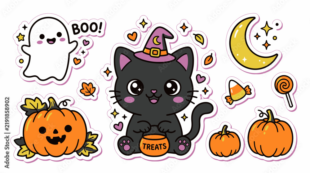 Obraz premium Kawaii Halloween Sticker Set Featuring Cute Black Cat Ghost Pumpkins and Magical Autumn Elements