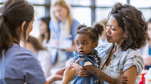 Healthcare worker giving immunization to a young child held by her mother at a community medical clinic, focusing on public health