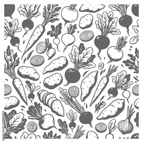 Seamless pattern of hand drawn root vegetables monochrome vintage illustration with carrots radishes potatoes and healthy garden produce