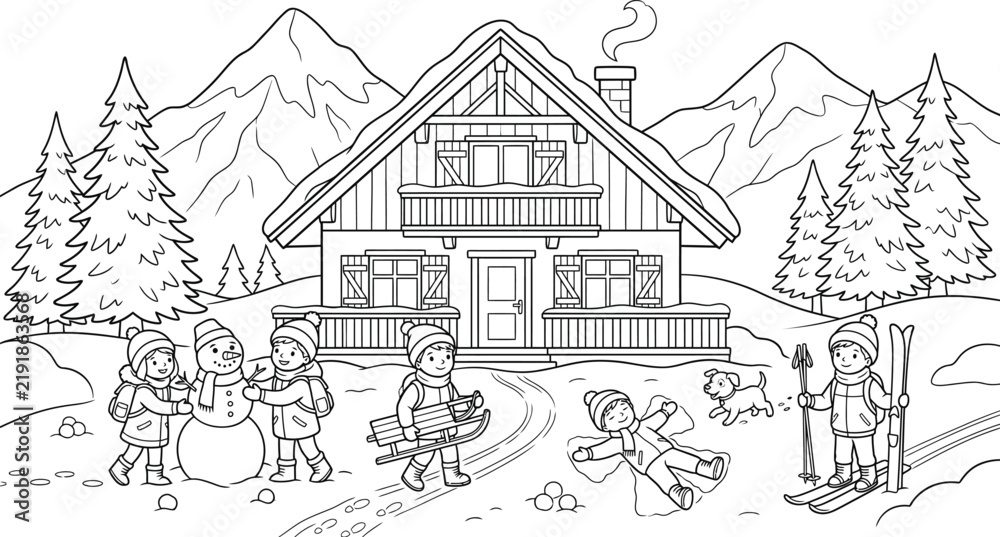 Naklejka premium Winter-Cabin Children Snow Activities Coloring Page