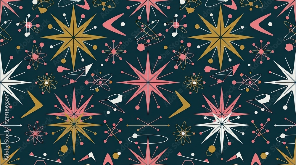 Retro mid century modern seamless pattern with colorful stars and boomerangs