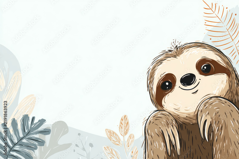 Obraz premium Smiling sloth relaxing and emerging from tropical leaves background