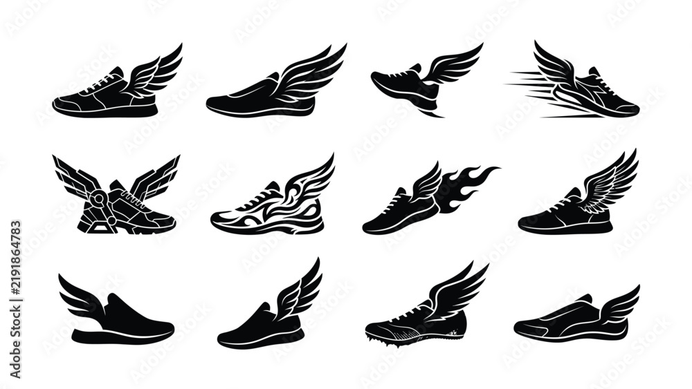 Obraz premium Black and white sneakers with wing and flame graphic design elements