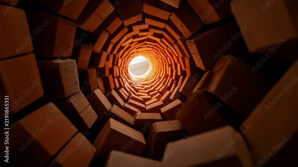 Obraz premium A Glimmer of Hope Down a Well: Looking down a deep, circular well constructed with brick, a bright light illuminates the bottom, suggesting escape or a distant destination.