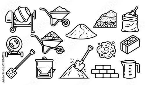 Concrete Cement Sand Gravel and Construction Materials Editable Line Icons