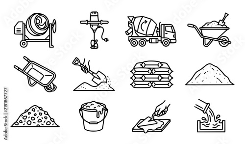 Cement Mixer Wheelbarrow Sand and Concrete Construction Line Vector Icons