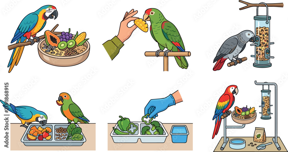Obraz premium Parrot Feeding and Pet Bird Nutrition Concept Vector Illustration Featuring Exotic Birds, Fruits, and Seeds