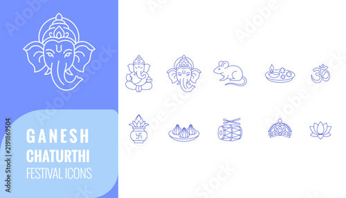 Ganesh Chaturthi festival icon set with hindu deity, diya, lotus, kalash, drum and decorative spiritual symbols.	